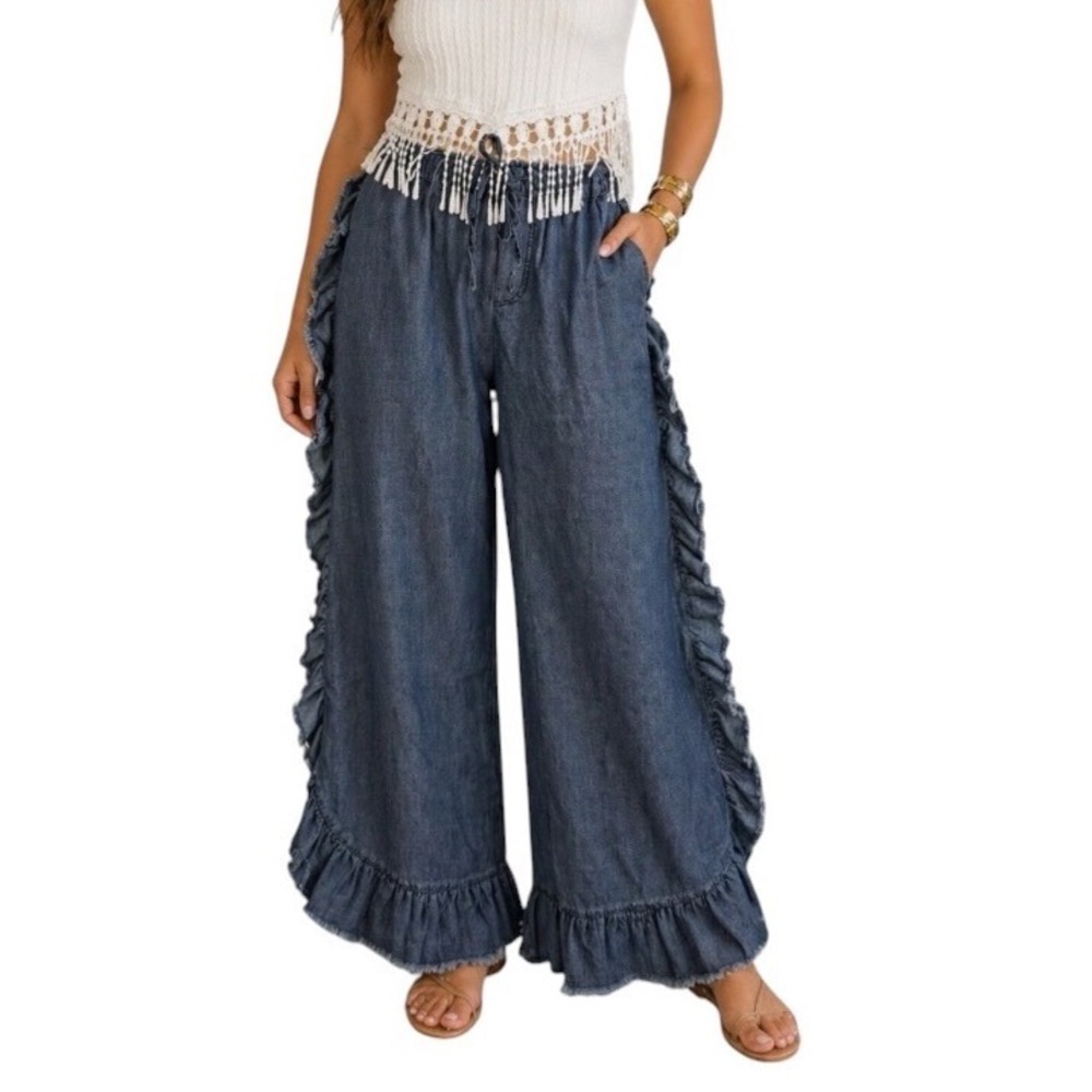 Sage + Fig Women Blue Ruffle Trim Wide Leg Chambray Pants Boho Shabby Chic Med